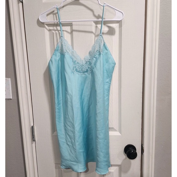 Victoria's Secret Other - Vintage Victoria's Secret Slip Dress M Blue Satin Lace Chemise Nightgown